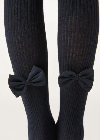 Collant in cotone a coste con fiocco per bambina