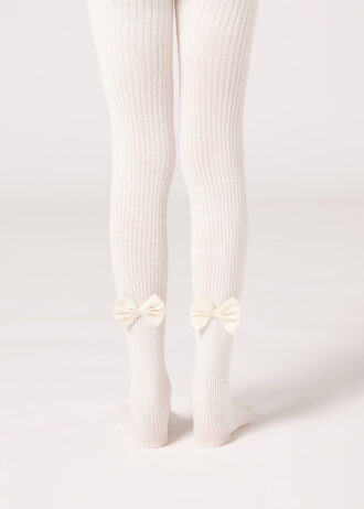 Collant in cotone a coste con fiocco per bambina