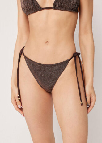 Slip brasiliani con lacci laterali marrone glitterato